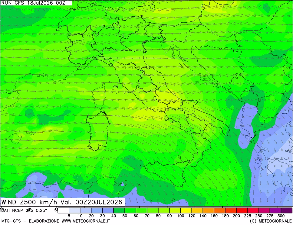 mappa 500 hPa Vento forza e direzione