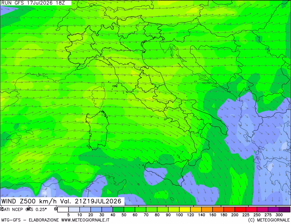 mappa 500 hPa Vento forza e direzione