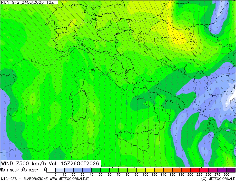 mappa 500 hPa Vento forza e direzione