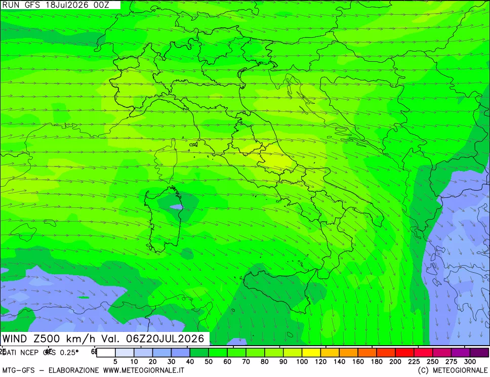 mappa 500 hPa Vento forza e direzione