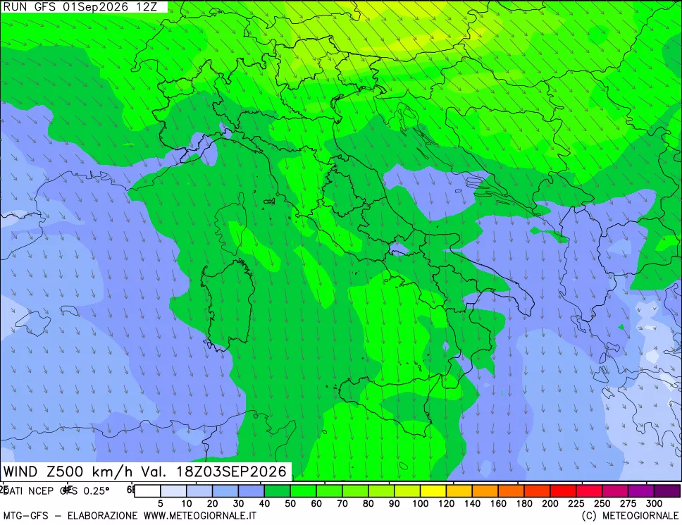 mappa 500 hPa Vento forza e direzione