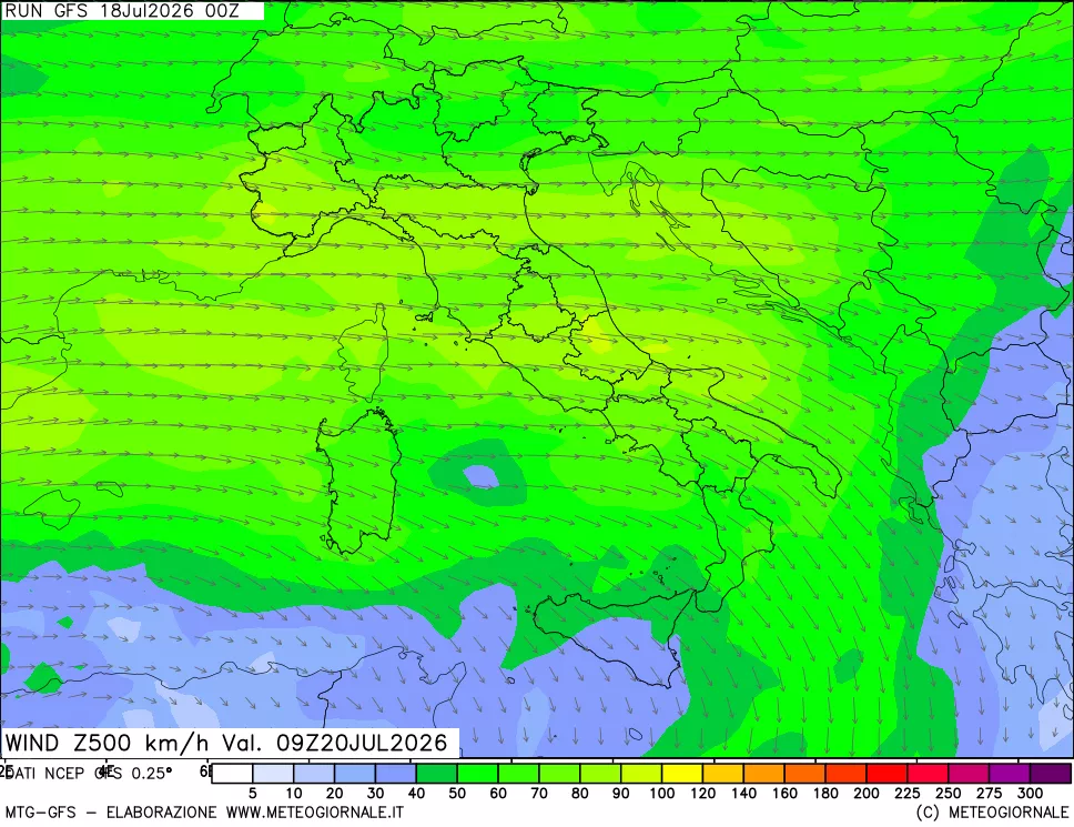 mappa 500 hPa Vento forza e direzione