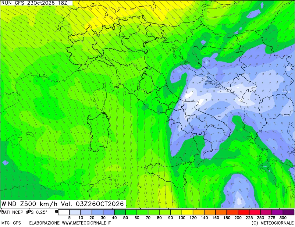 mappa 500 hPa Vento forza e direzione