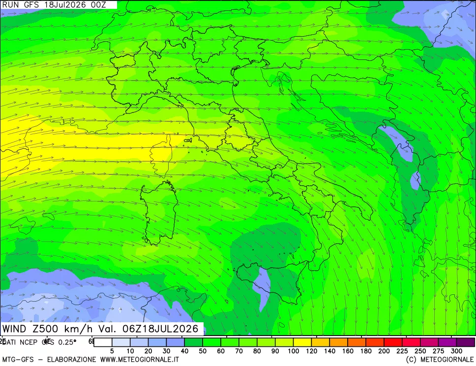 mappa 500 hPa Vento forza e direzione