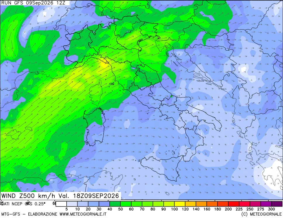 mappa 500 hPa Vento forza e direzione