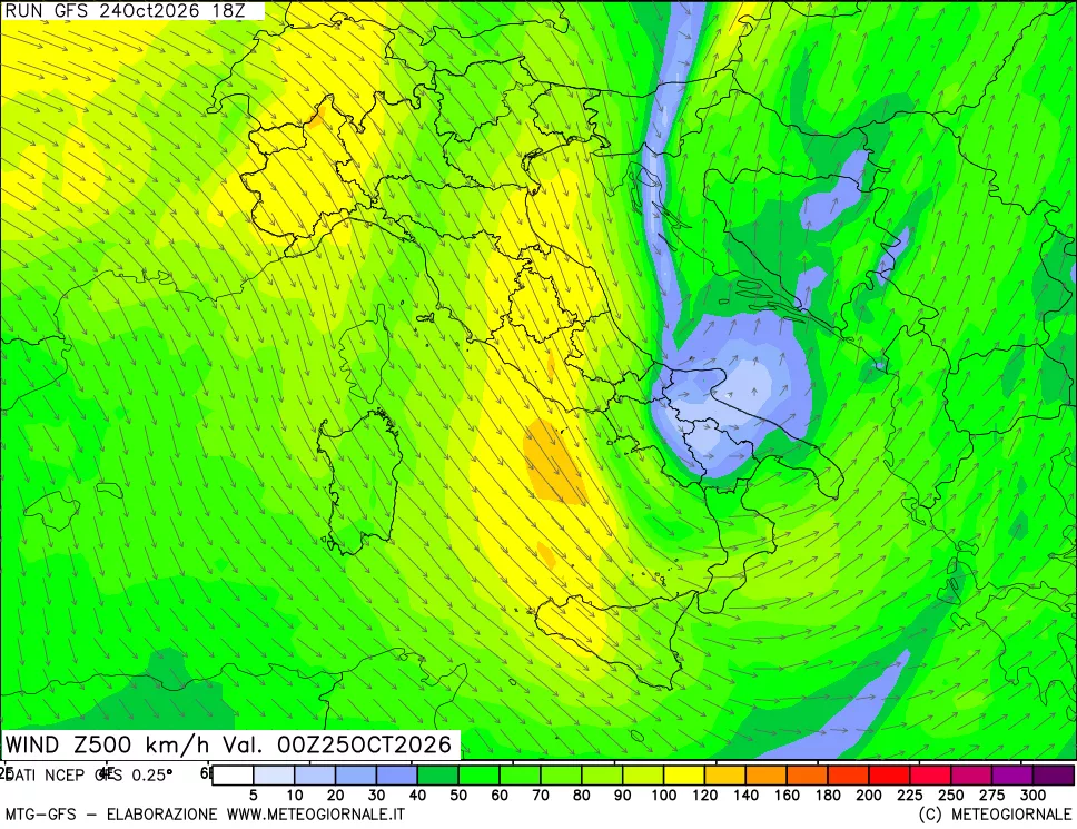 mappa 500 hPa Vento forza e direzione