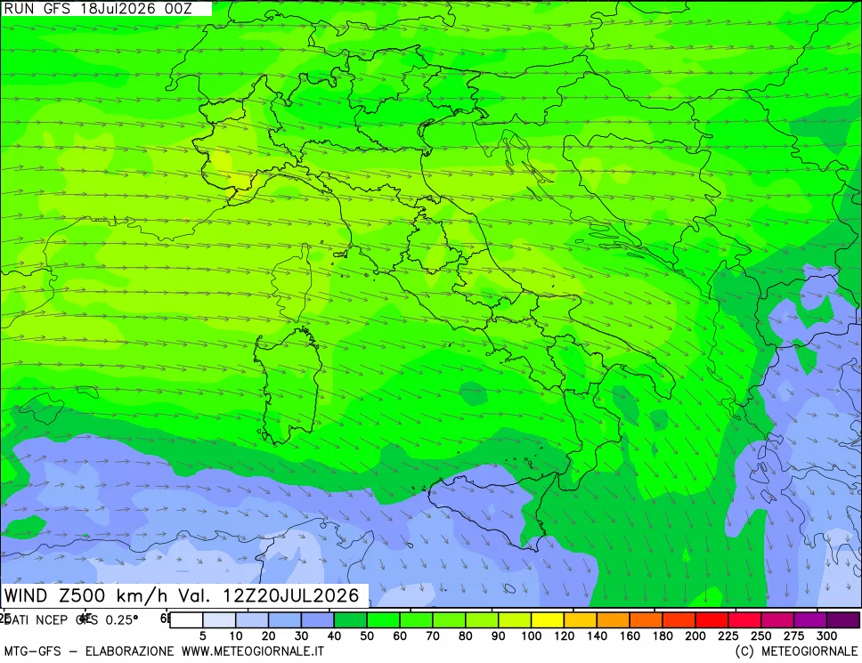 mappa 500 hPa Vento forza e direzione