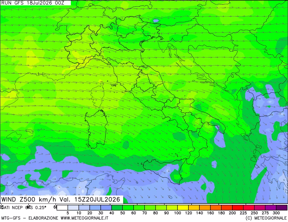 mappa 500 hPa Vento forza e direzione