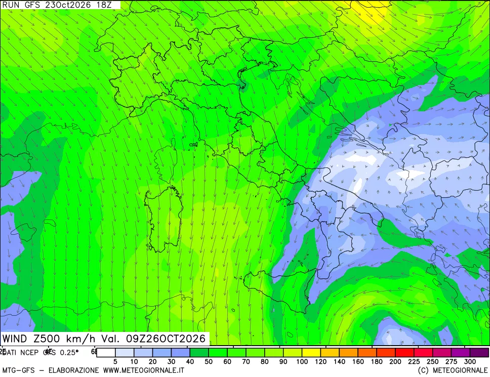 mappa 500 hPa Vento forza e direzione