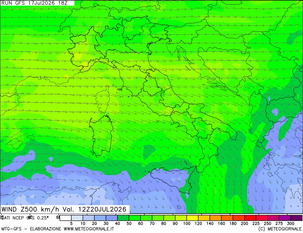 mappa 500 hPa Vento forza e direzione