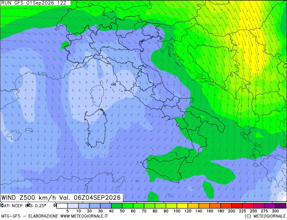mappa 500 hPa Vento forza e direzione