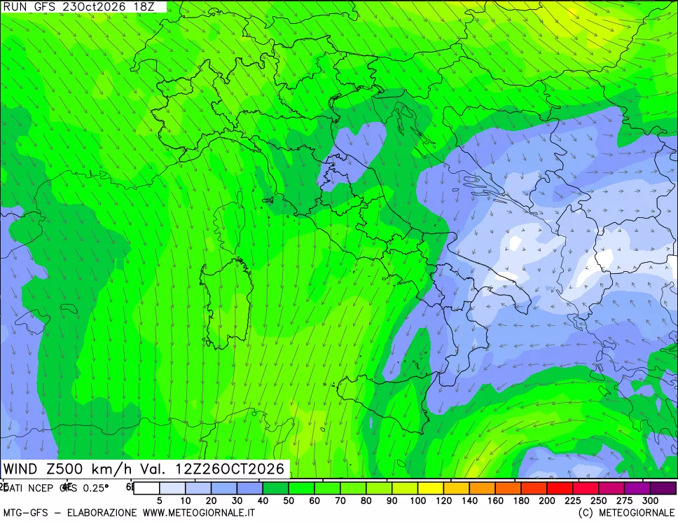 mappa 500 hPa Vento forza e direzione