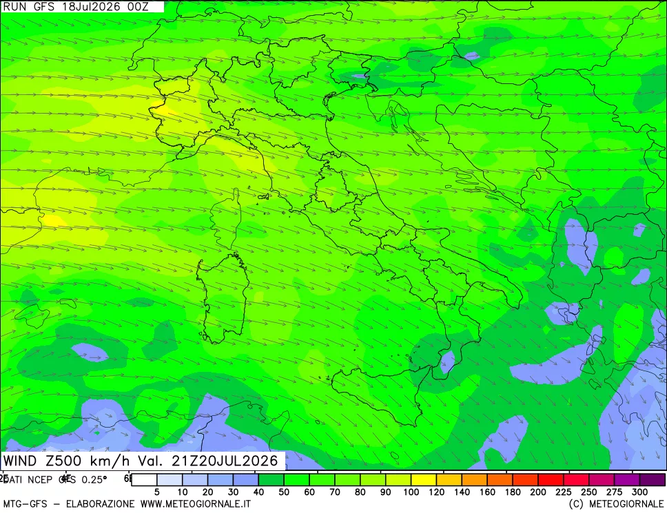 mappa 500 hPa Vento forza e direzione