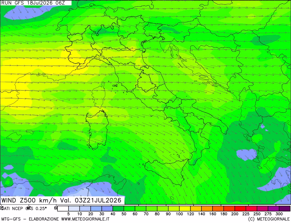 mappa 500 hPa Vento forza e direzione