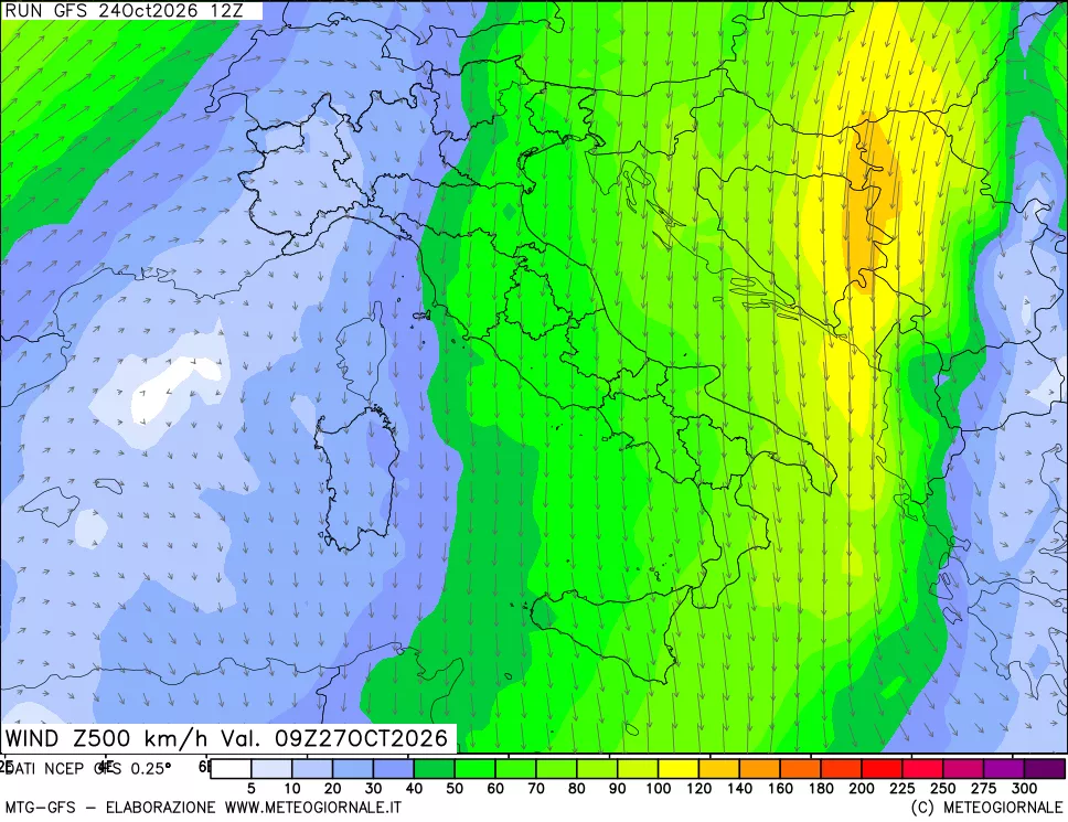 mappa 500 hPa Vento forza e direzione