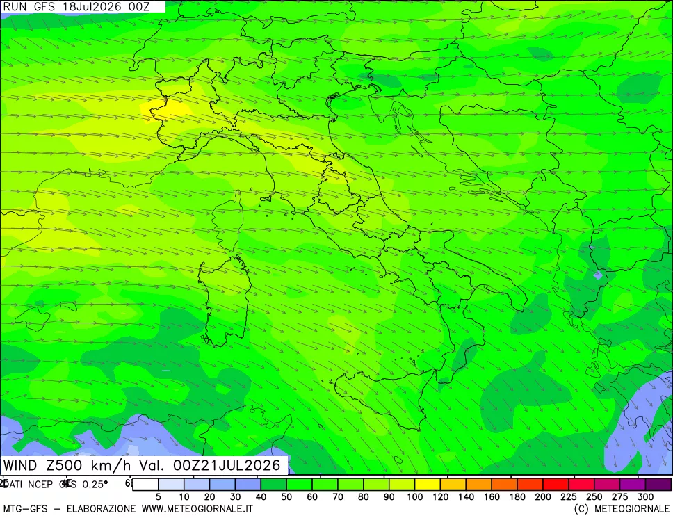 mappa 500 hPa Vento forza e direzione