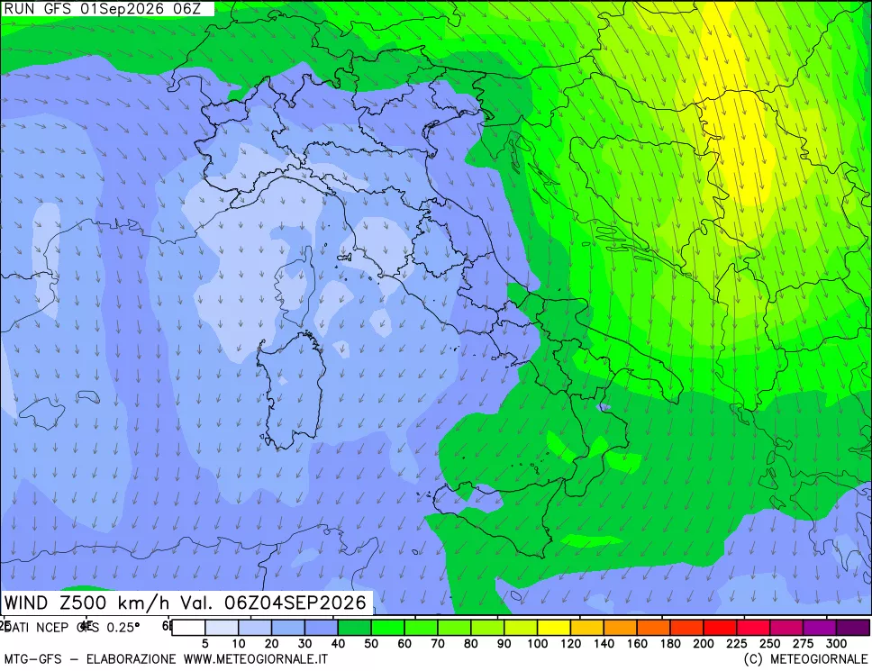 mappa 500 hPa Vento forza e direzione