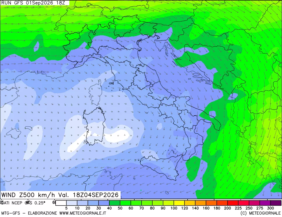 mappa 500 hPa Vento forza e direzione