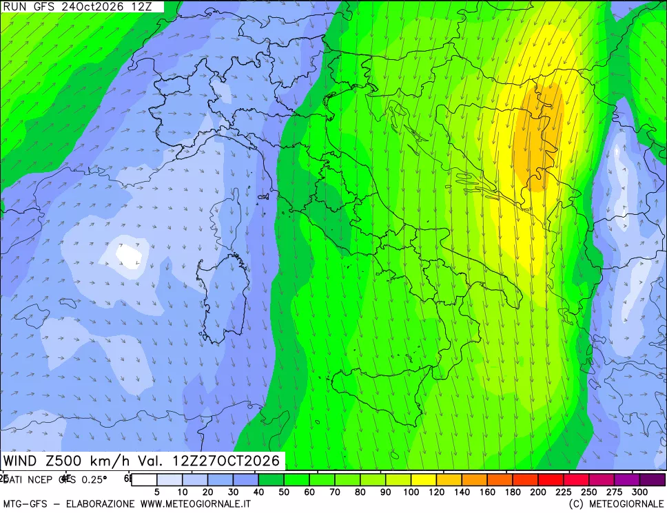 mappa 500 hPa Vento forza e direzione