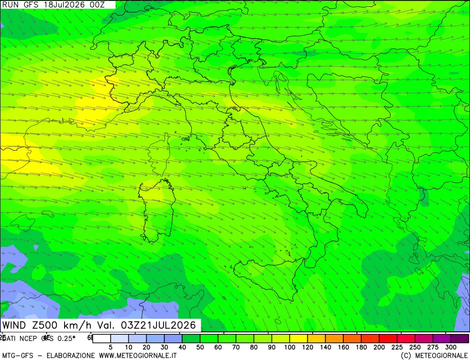 mappa 500 hPa Vento forza e direzione