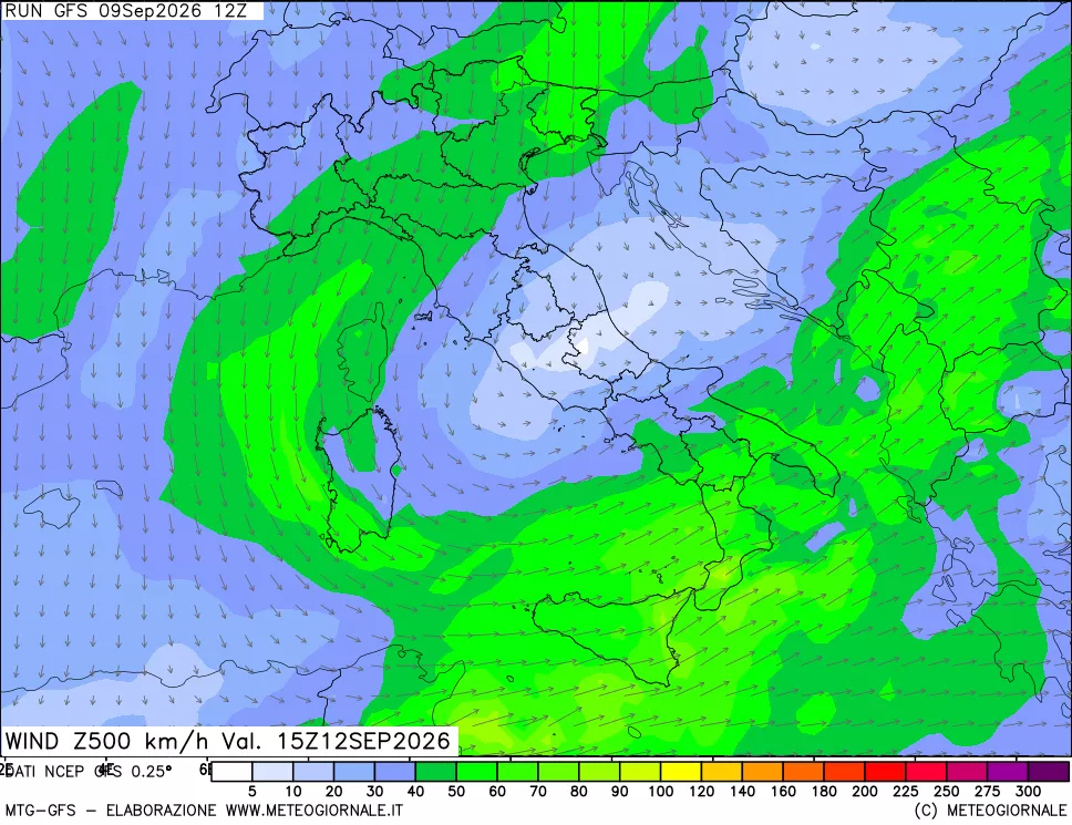 mappa 500 hPa Vento forza e direzione
