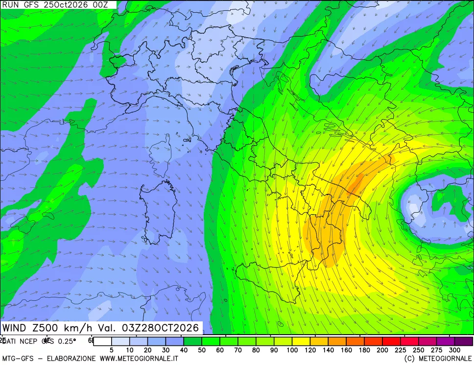 mappa 500 hPa Vento forza e direzione