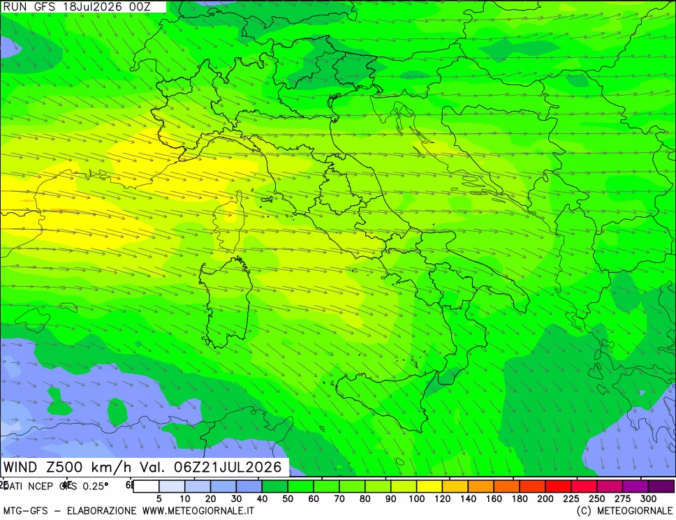 mappa 500 hPa Vento forza e direzione