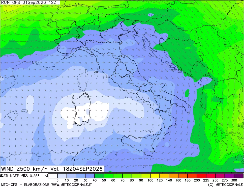 mappa 500 hPa Vento forza e direzione