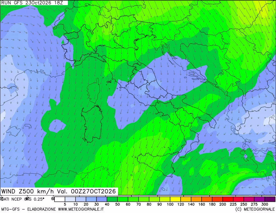 mappa 500 hPa Vento forza e direzione
