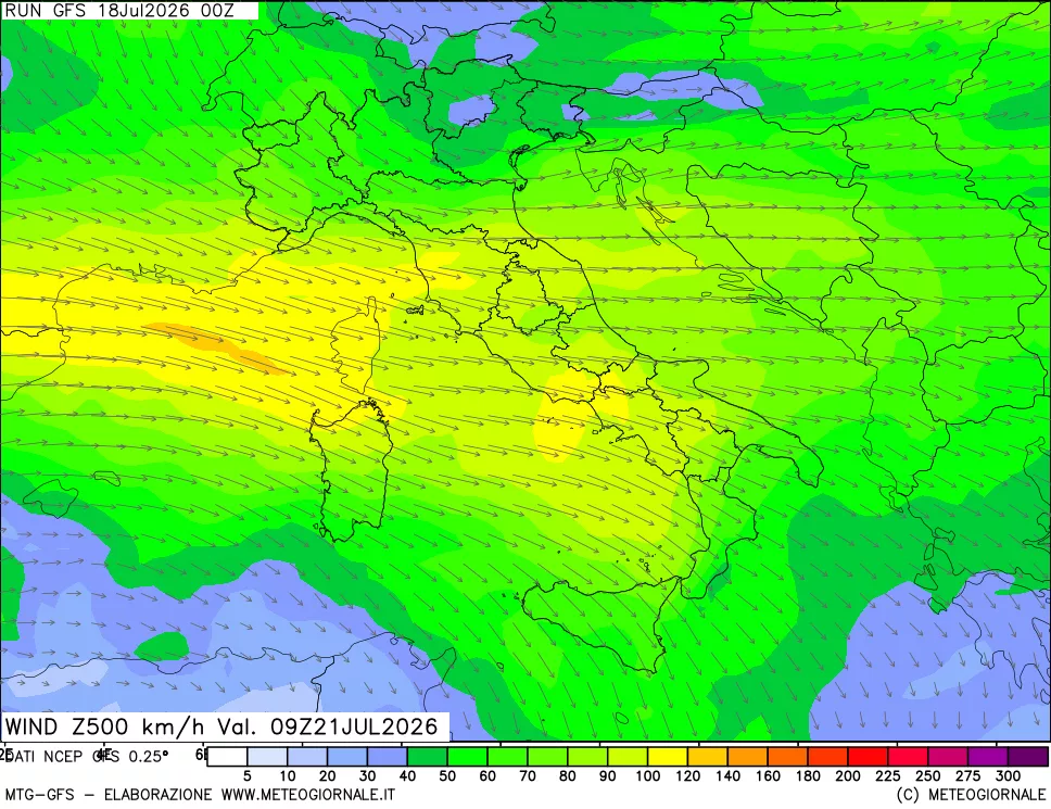 mappa 500 hPa Vento forza e direzione