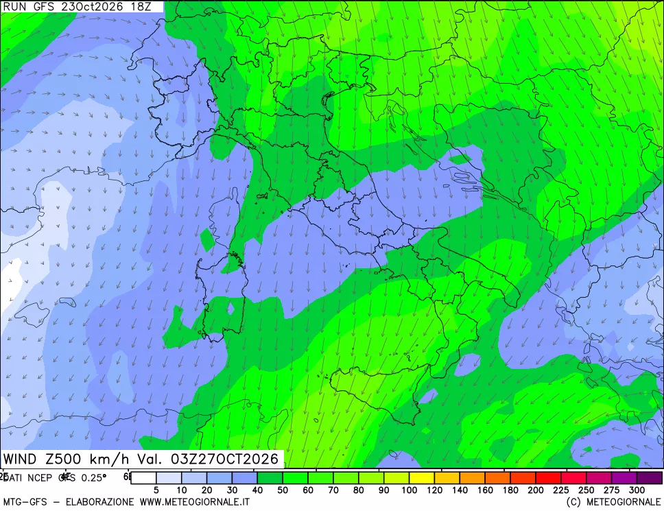mappa 500 hPa Vento forza e direzione