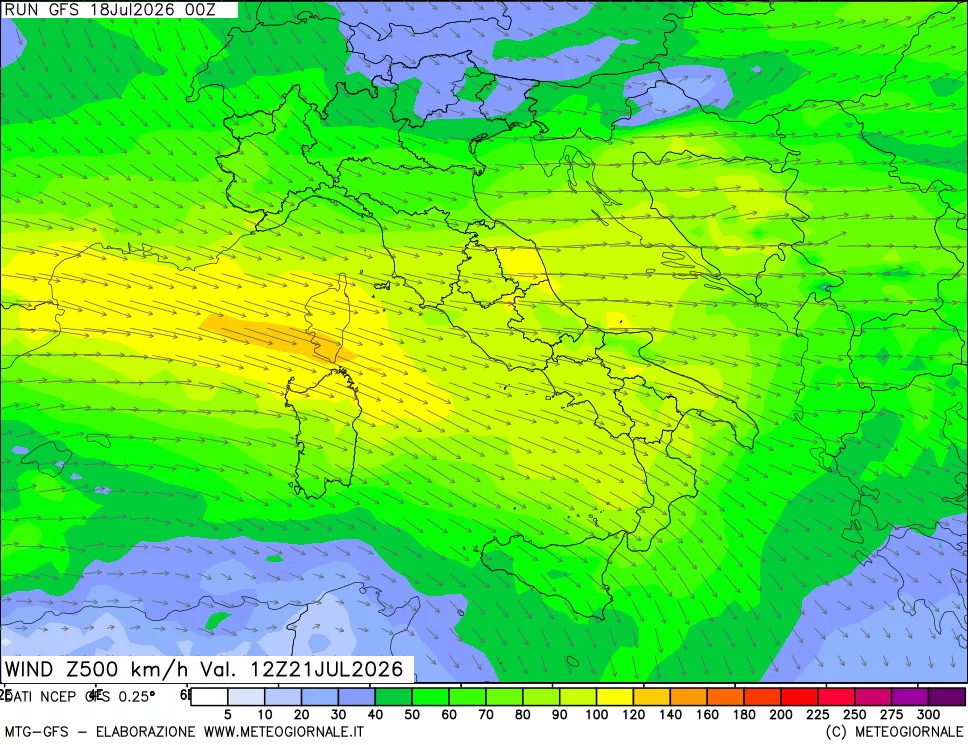 mappa 500 hPa Vento forza e direzione