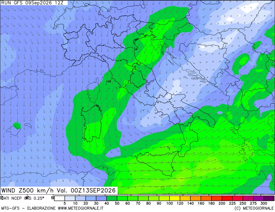 mappa 500 hPa Vento forza e direzione