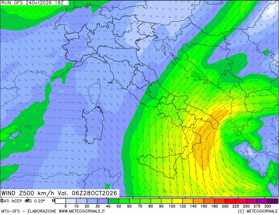 mappa 500 hPa Vento forza e direzione