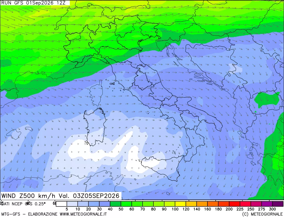 mappa 500 hPa Vento forza e direzione
