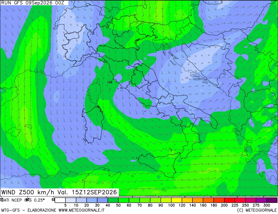 mappa 500 hPa Vento forza e direzione