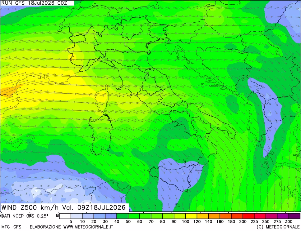 mappa 500 hPa Vento forza e direzione
