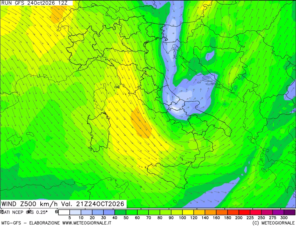 mappa 500 hPa Vento forza e direzione
