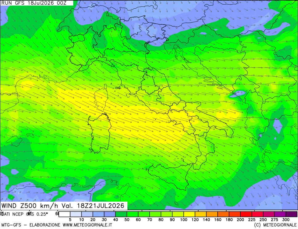 mappa 500 hPa Vento forza e direzione