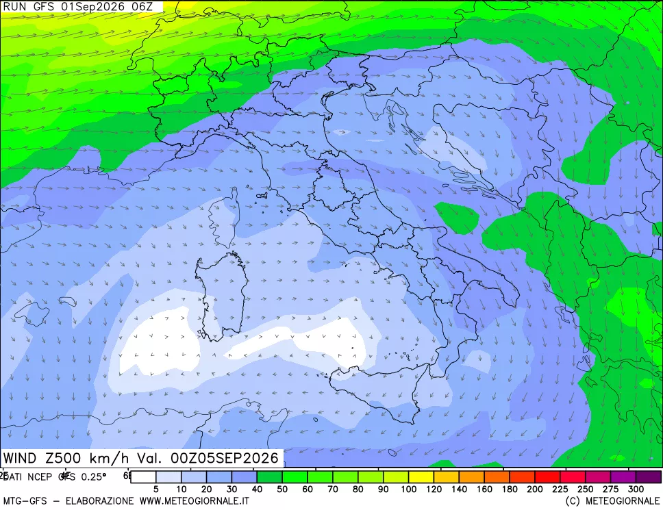 mappa 500 hPa Vento forza e direzione