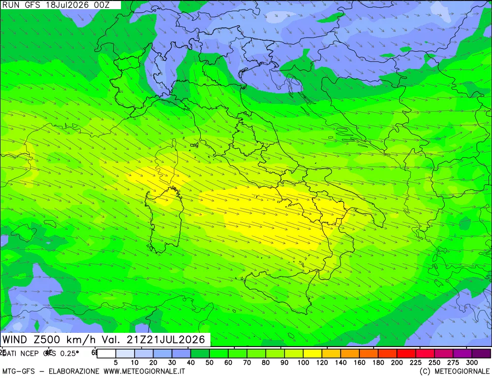 mappa 500 hPa Vento forza e direzione