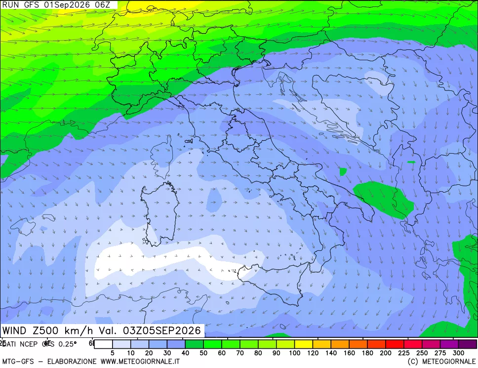 mappa 500 hPa Vento forza e direzione