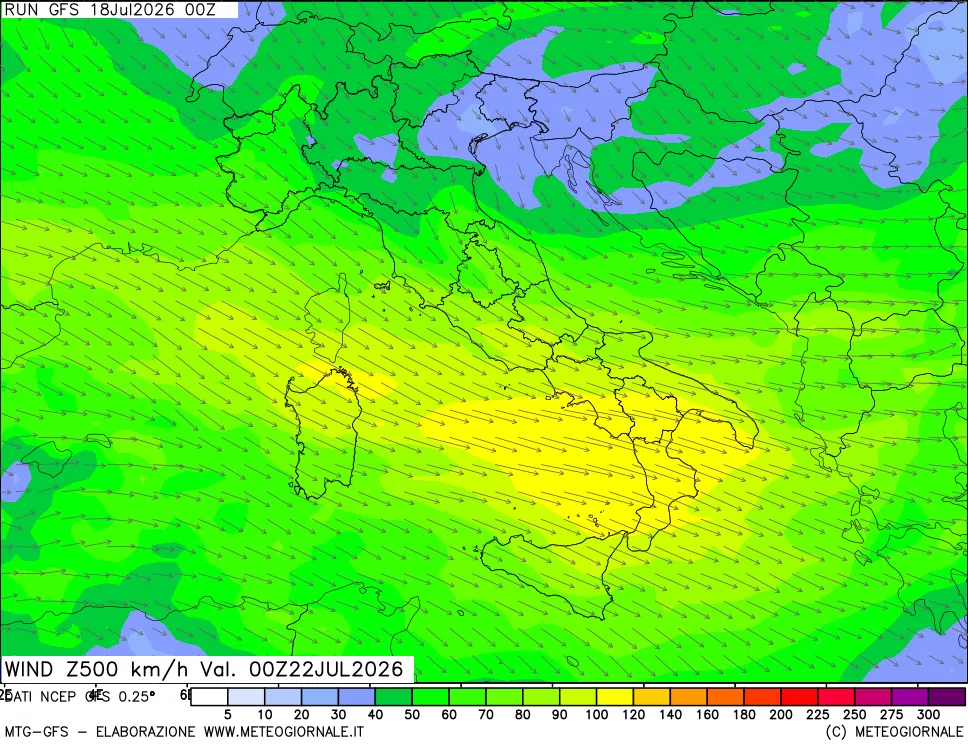 mappa 500 hPa Vento forza e direzione