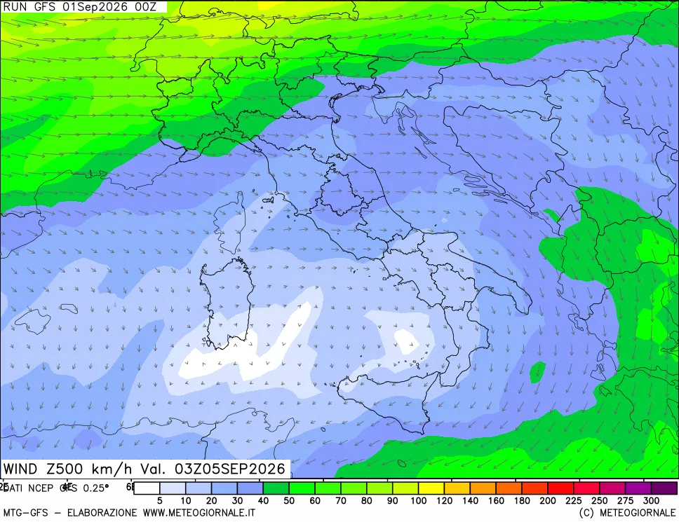 mappa 500 hPa Vento forza e direzione