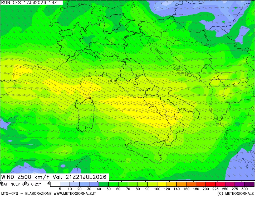 mappa 500 hPa Vento forza e direzione