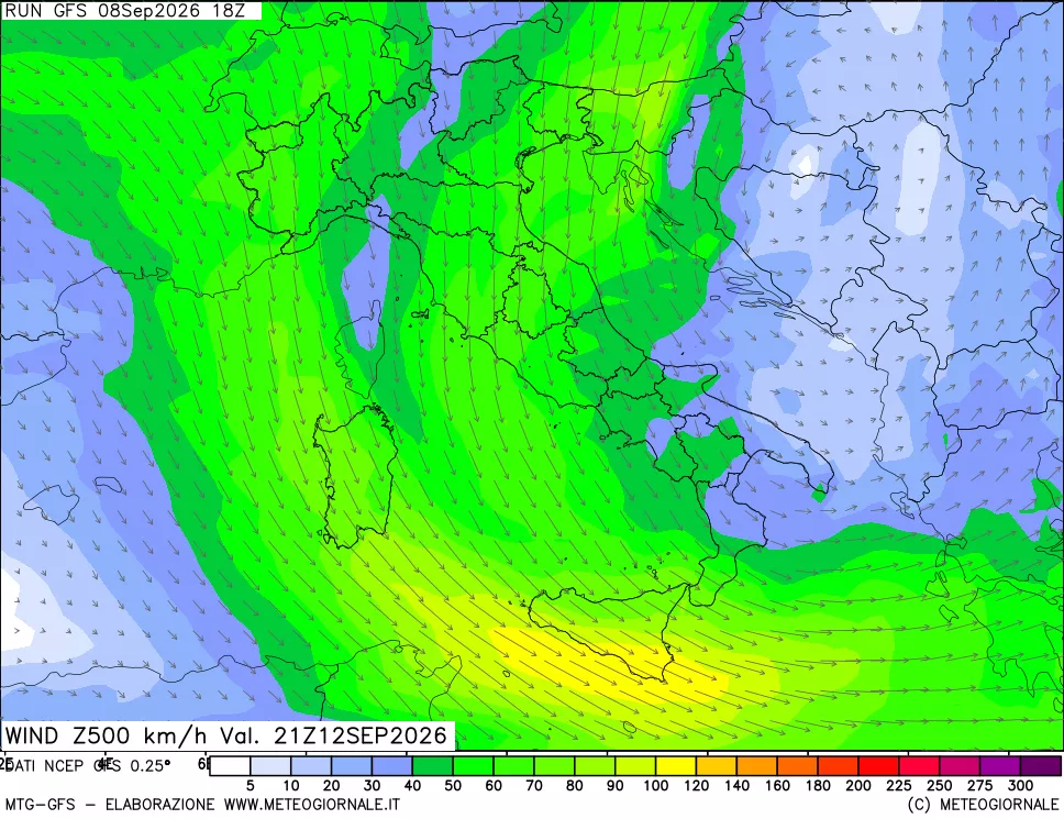 mappa 500 hPa Vento forza e direzione