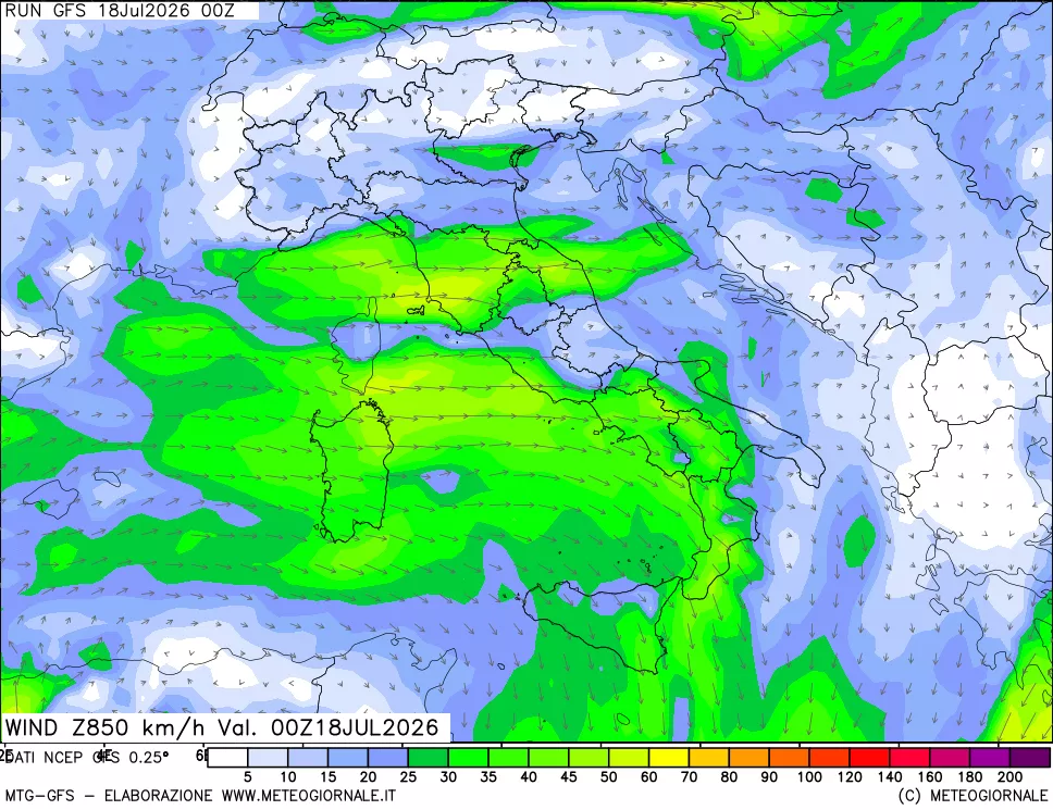mappa 850 hPa Vento forza e direzione