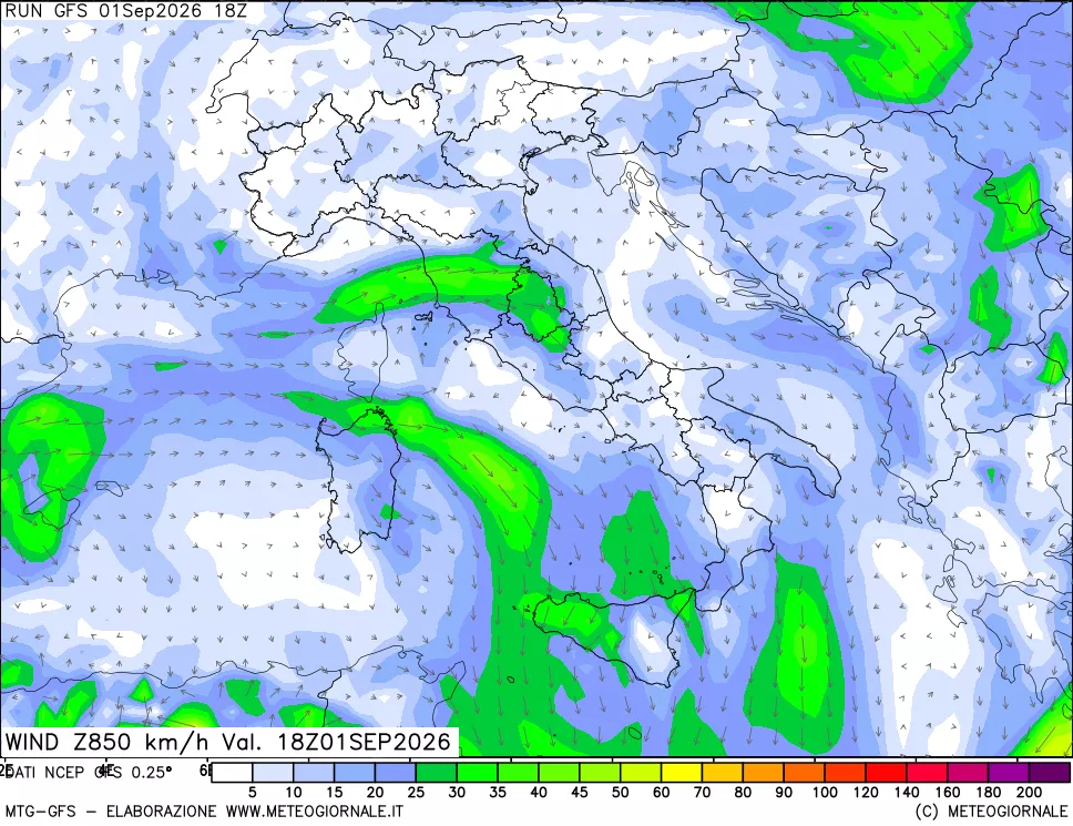 mappa 850 hPa Vento forza e direzione