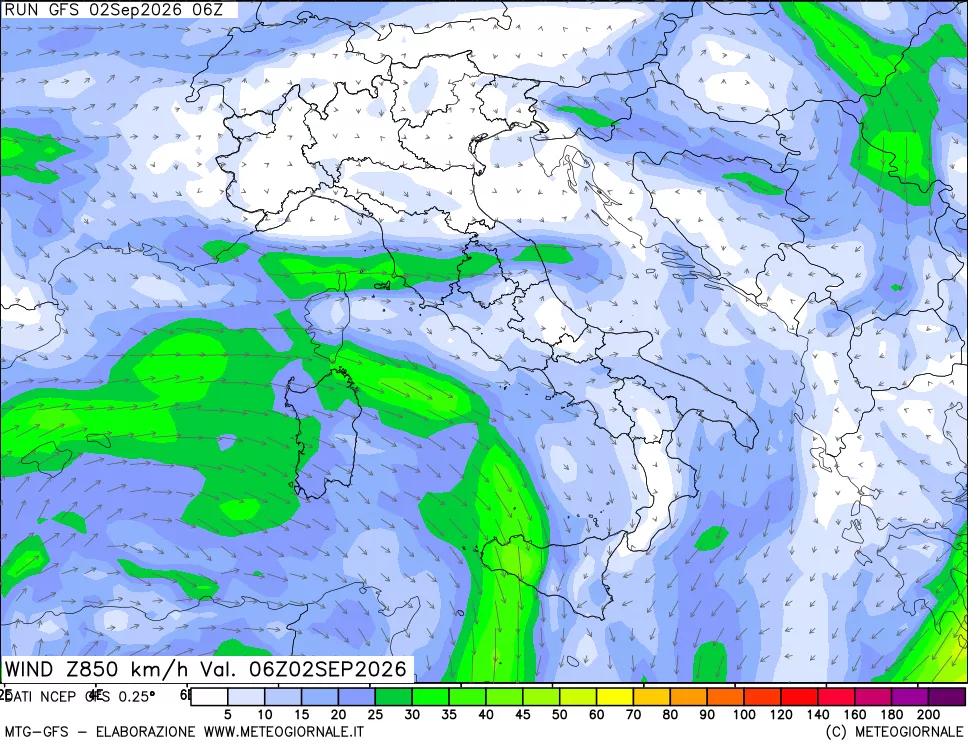mappa 850 hPa Vento forza e direzione