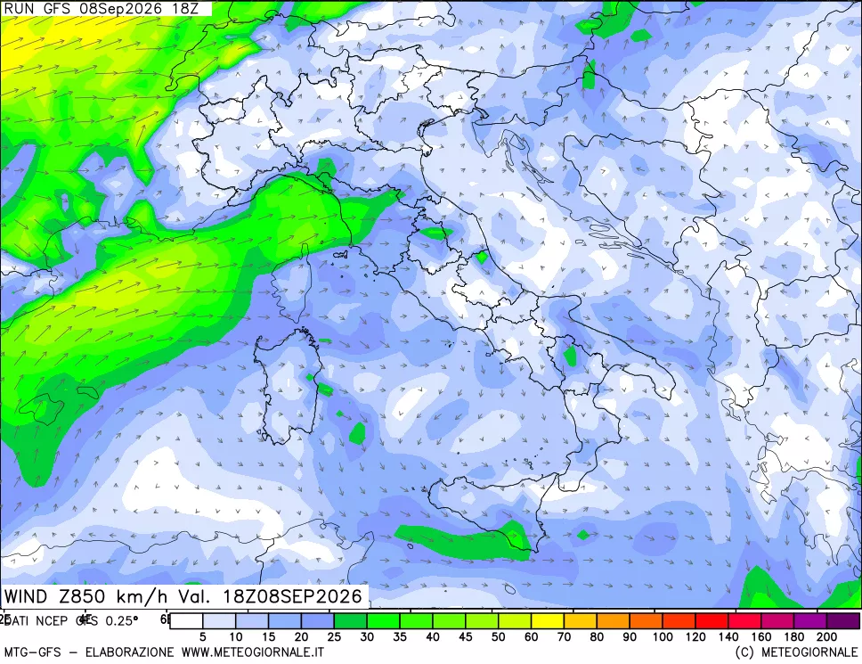 mappa 850 hPa Vento forza e direzione